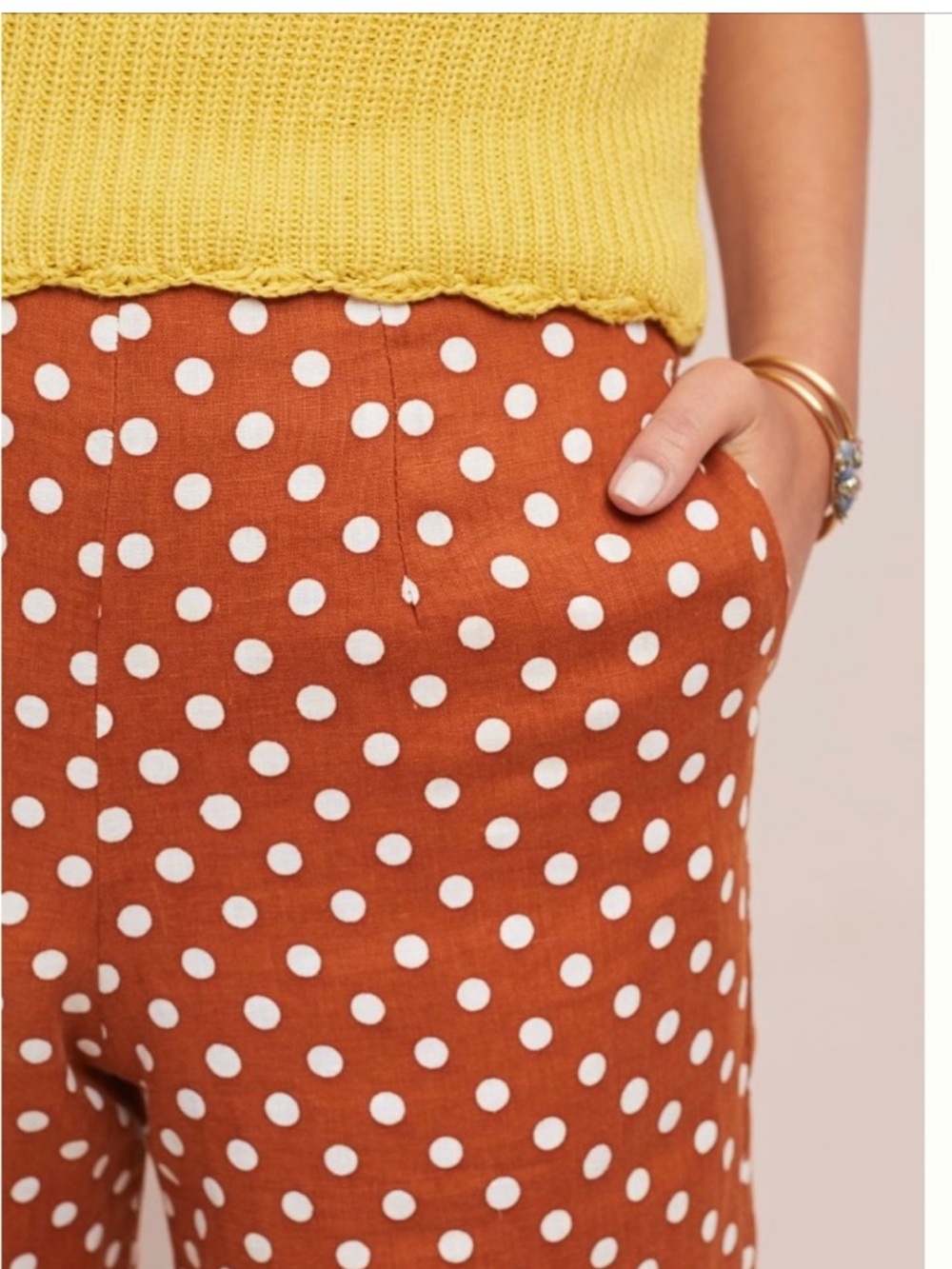 Anthro Faithfull Brown Polka Dot Wide-Leg Linen Pants Tomas Cropped pant 6 EUC - Picture 14 of 16